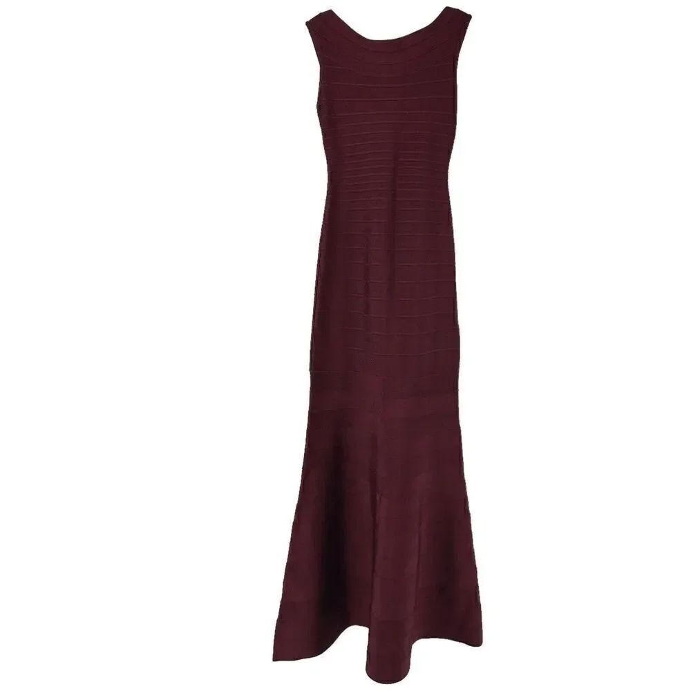 Herve Leger Sophia Bandage Dress Maxi Ball Gown Beet Red Size S Boat Neck Flare